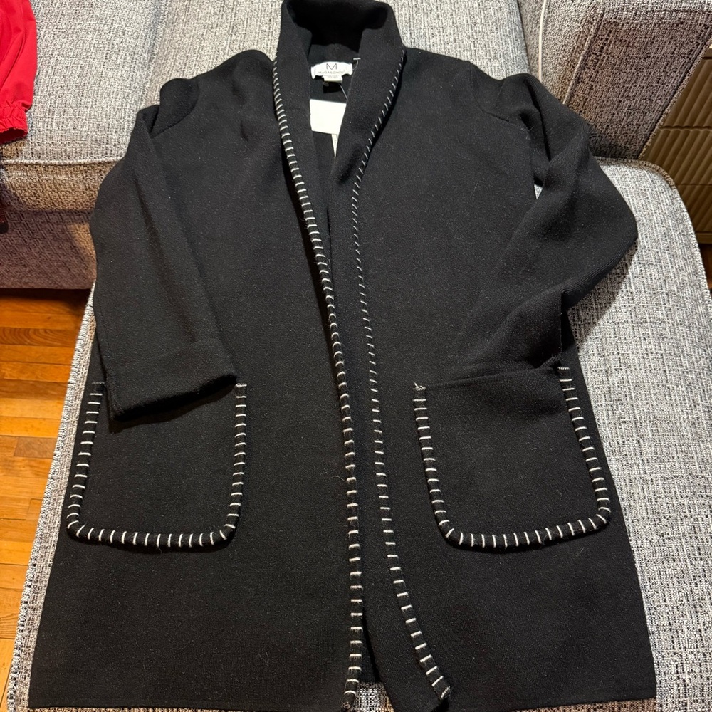 Magaschoni Black Open Front Cardigan with White Stitching